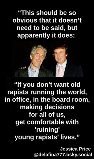 “This should be so obvious that it doesn’t need to be said, but apparently it does:  If you don’t want old rapists running the world, in office, in the board room, making decisions for all of us, get comfortable with 'ruining' young rapists’ lives.”  Jessica Price @delafina777.bsky.social