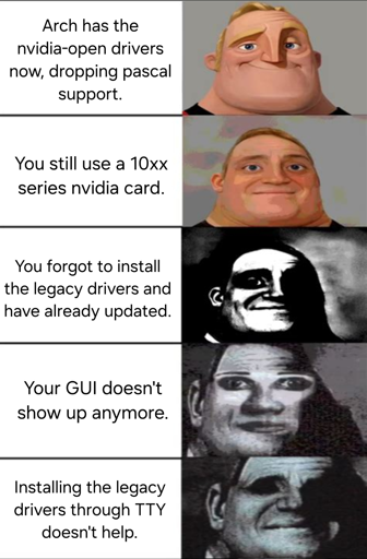 Mr. Incredible meme format where his face goes from happy to more and more concerned at each section. The text for each section is as follows:

Section 1;
Arch has the nvidia-open drivers now, dropping pascal support.

Section 2;
You still use a 10xx series nvidia card.

Section 3;
You forgot to install the legacy drivers and have already updated.

Section 4;
Your GUI doesn't show up anymore.

Section 5;
Installing the legacy drivers through TTY doesn't help.